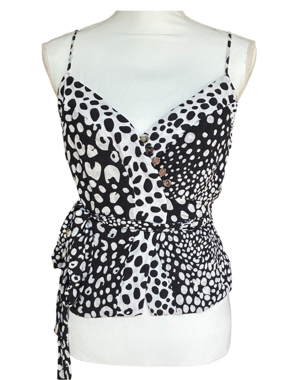 BO.BO Bourgeois Boheme Black White Animal Print V-Neck Wrap Camisole Top Sz 40